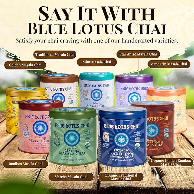 Blue Lotus Chai Tea - Fully Organic Traditional Masala Chai - Makes 65 Cups - 2 Ounce Masala Spiced Chai Powder with Organic Spices - Instant Indian Tea No Steeping - No Gluten