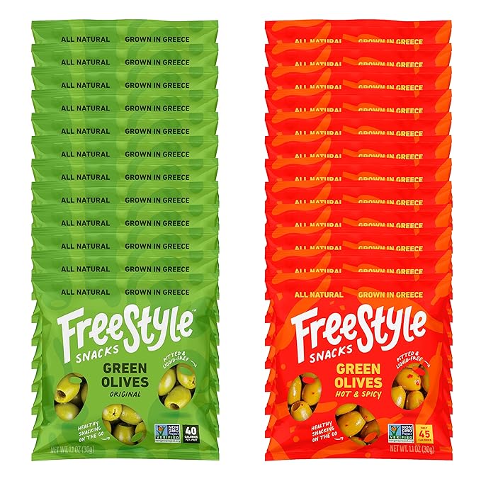 Freestyle Snacks Olive Snack Packs - Single Serve - Fresh Pitted Green Olives, Jumbo-Sized, Grown in Greece, All Natural, Non-GMO, Paleo, Sugar-Free, Keto, Salty Snack - Variety, 1.1oz (24 Pack)