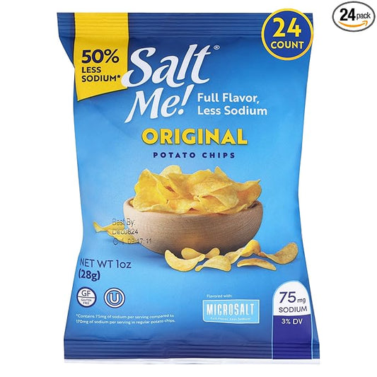 SaltMe! Original Potato Chips - 24 count 1oz Bags - 50% Less Sodium, Kosher, Non-GMO, Gluten Free - Less Salt, Great Flavor