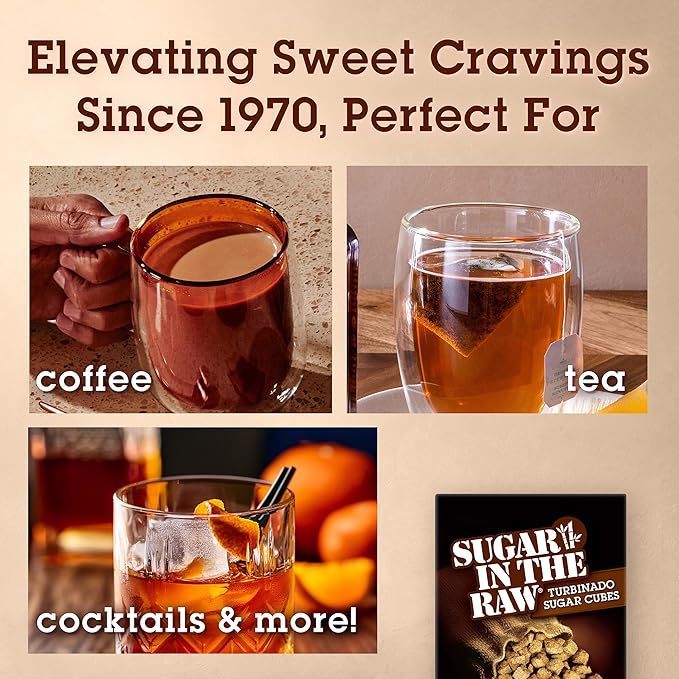 Sugar In The Raw Granulated Turbinado Cane Sugar Cubes, No Added Flavors or erythritol, Pure Natural Sweetener, Hot & Cold Drinks, Coffee, Vegan, Gluten-Free, Non-GMO, 25 Counts (12-Pack)