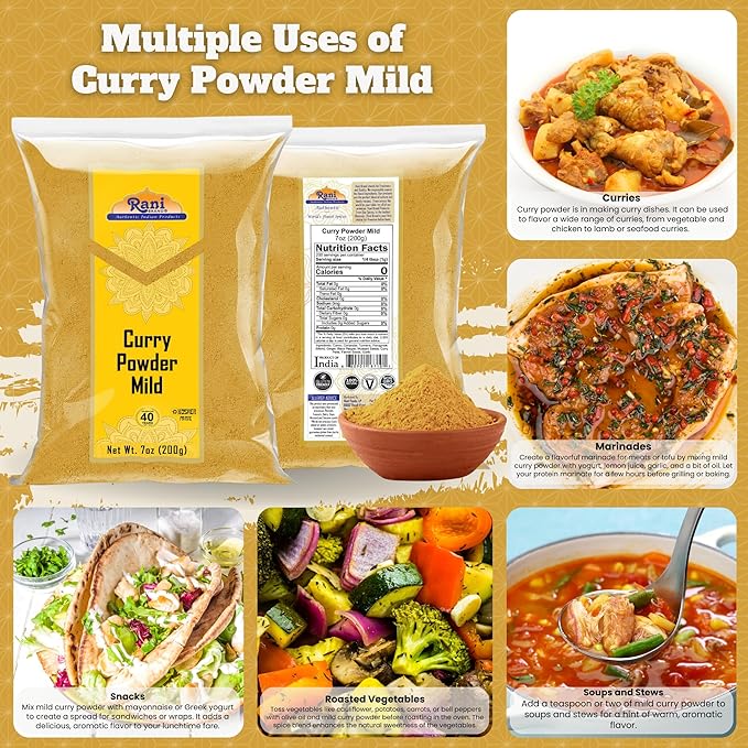 Rani Curry Powder Mild (10-Spice Authentic Indian Blend) 7oz (200g) ~ All Natural | Salt-Free | NO Chili or Peppers | Vegan | No Colors | Gluten Friendly | NON-GMO | Indian Origin