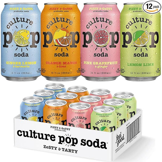 Culture Pop Soda, Zesty & Tarty Variety Pack, Probiotic Low Sugar Soda, Sparkling Juice Alternative, Non-GMO, Kosher, Gluten-Free, No Stevia (12pk)