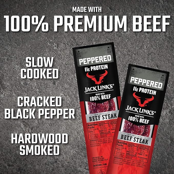 Jack Link's Beef Steak, Peppered - Protein Snacks, Meat Snack with 11g of Protein, Made with 100% Beef, Individually Wrapped Bulk Snack Pack, Keto Friendly - 1 Oz. (12 Count)