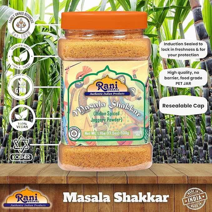 Rani Masala Shakkar (Indian Spiced Jaggery Powder) Unrefined Raw Cane Sugar 17.5oz (1.1lbs) 500g PET Jar ~ Gluten Friendly | Vegan | NON-GMO | Kosher | No Salt or fillers | Indian Product