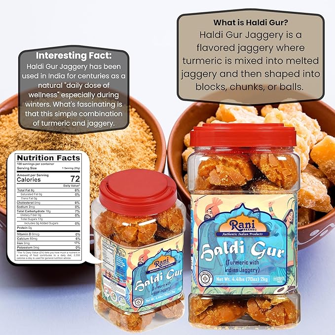 Rani Haldi Gur (Turmeric with Indian Jaggery) Indian Unrefined Raw Cane Sugar 70oz (4.4lbs) 2kg PET Jar ~ Gluten Friendly | Vegan | NON-GMO | Kosher | No Salt or fillers | Indian Product