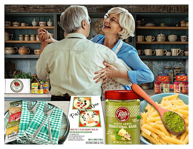 Imported Italian Dinner for Two Meal Kit - Basil Pesto, Ricotta & Peppers Pesto, Pasta, Seasonings and Sweets Gift Box