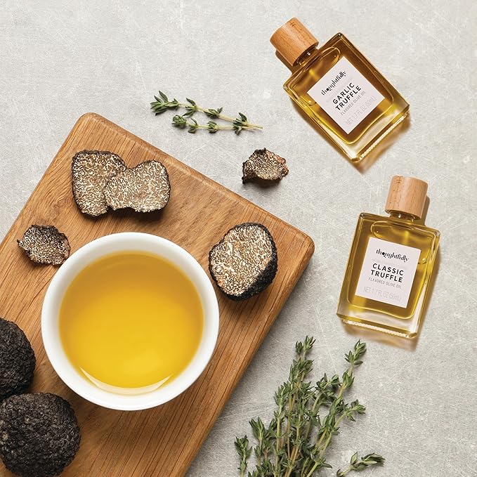 Thoughtfully, Truffle Oil Trio, Includes Classic, Garlic, and Chili Truffle Infused Olive Oil in 1.7 oz Glass Bottles, Set of 3