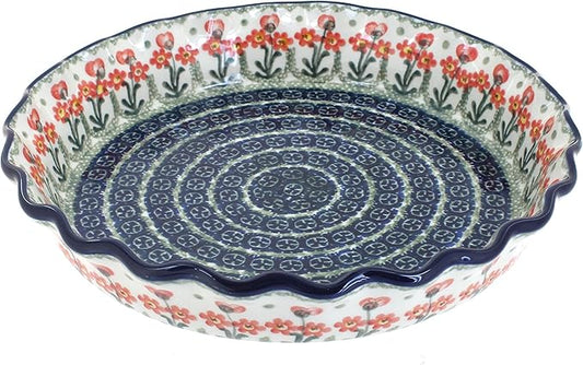 Blue Rose Polish Pottery - Blue Peach Posy Pie Plate - 10" Diameter - Ceramic Baking Dish, For Pies, Quiches & Desserts