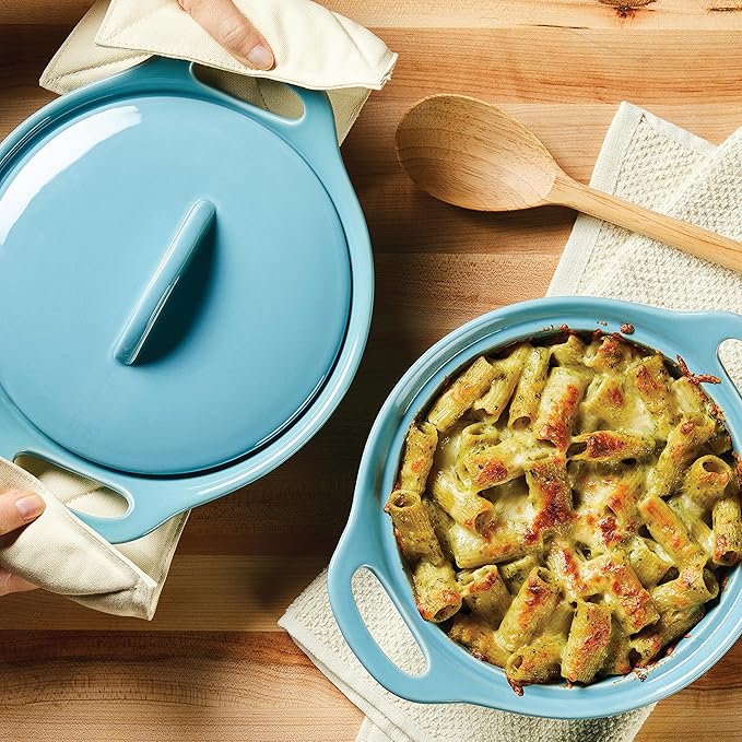Rachael Ray Solid Glaze Ceramics Casserole Bakeware/Baker Set with Shared Lid, 3 Piece, Agave Blue