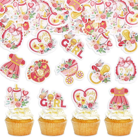 40Cyodoos 40Pcs Edible Pink Rose Gold Baby Shower Cupcake Toppers for Girls Floral It's a Girl Gender Reveal Party Girl Birthday Party Supplies