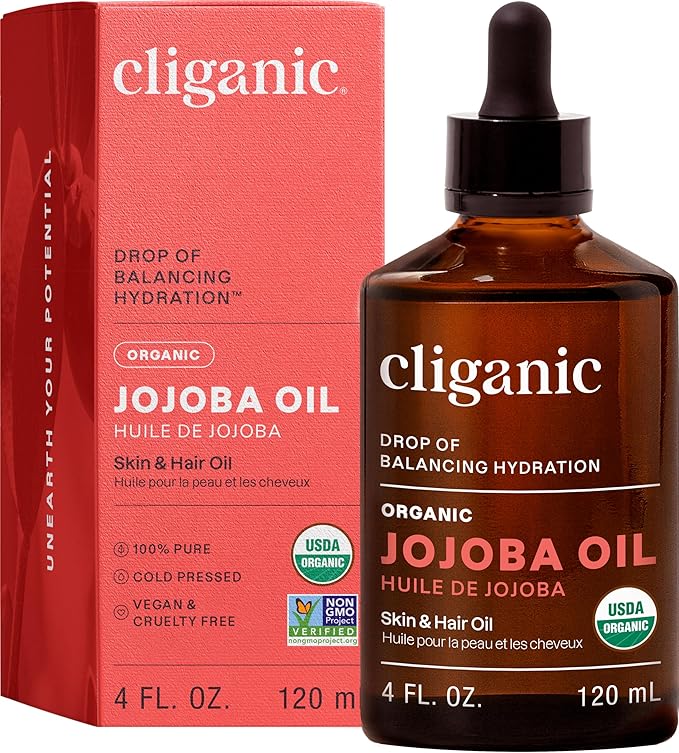 Cliganic Organic Jojoba Oil, 100% Pure (4oz) | Moisturizing for Face, Hair, Skin & Nails | Natural