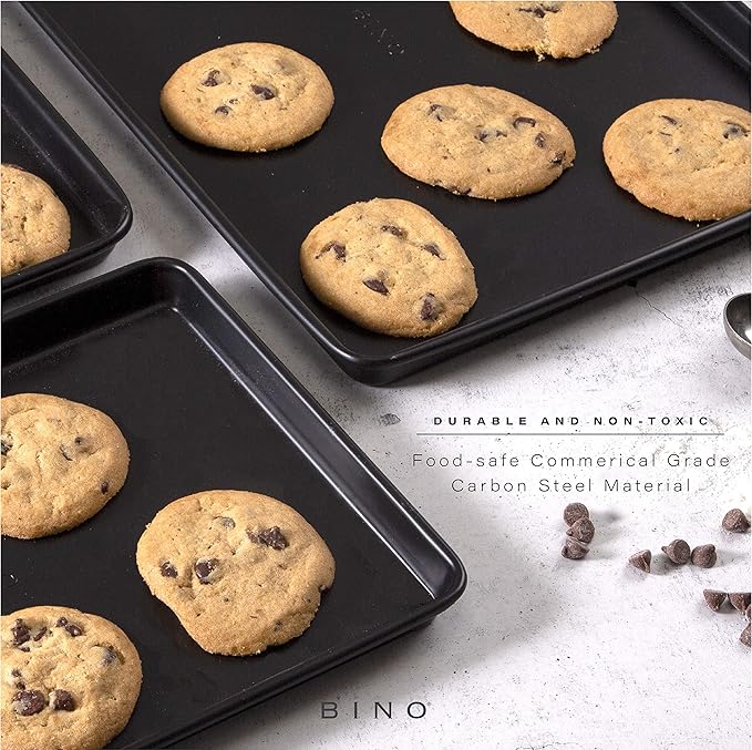 BINO Bakeware Nonstick Cookie Sheet Baking Tray Set, 3-Piece - Black | Non Stick Baking Pans Set | Carbon Steel Tray Bakeware Sets | Oven Safe | Cookie Sheet Pans | Food-Safe