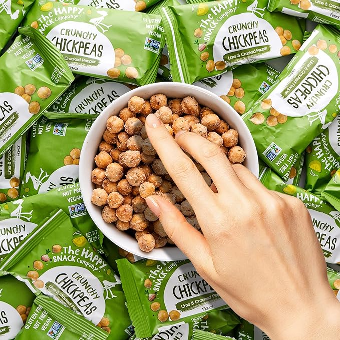 The Happy Snack Company Crunchy Chickpeas Lime & Cracked Pepper 24 x 1 oz. 5g Plant Based Protein & 120 Cals. Gluten,Nut & Dairy Free, Non-GMO and Vegan.
