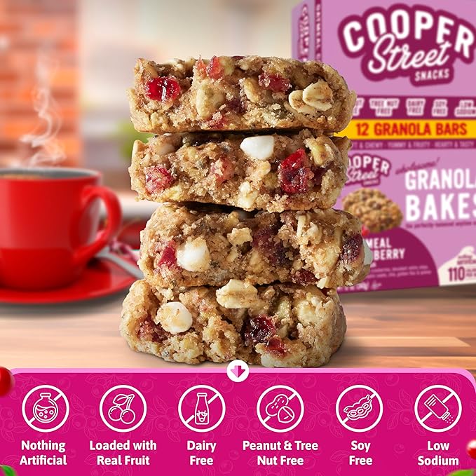 Cooper Street Oatmeal Cranberry Granola Bakes (24 pack) - Individually Wrapped Soft and Chewy Breakfast Granola Bars - Nut, Dairy & Soy Free - Great As Kids Snacks For School, Hiking Or Lunchbreak