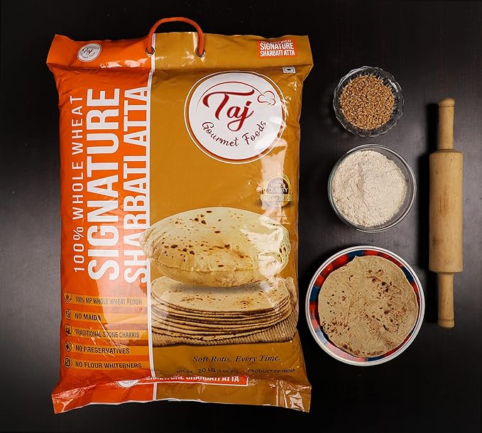 TAJ Signature Sharbati Atta, 10lbs, (Chakki Atta - Stone Ground) 100% Whole Wheat Flour, Chappati Flour
