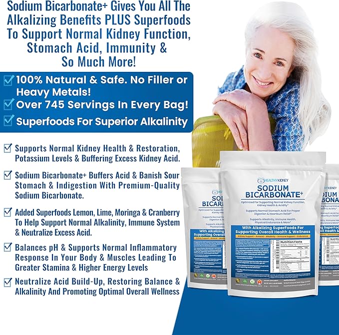 Organic Sodium Bicarbonate Alkaline Supplement For Alkalinity. Support Kidneys & Stomach Acid Neutralizer with Alkaline Superfoods. Sodium Bicarbonate Powder Kidney Immune Support Antacid Sports 2 LB.