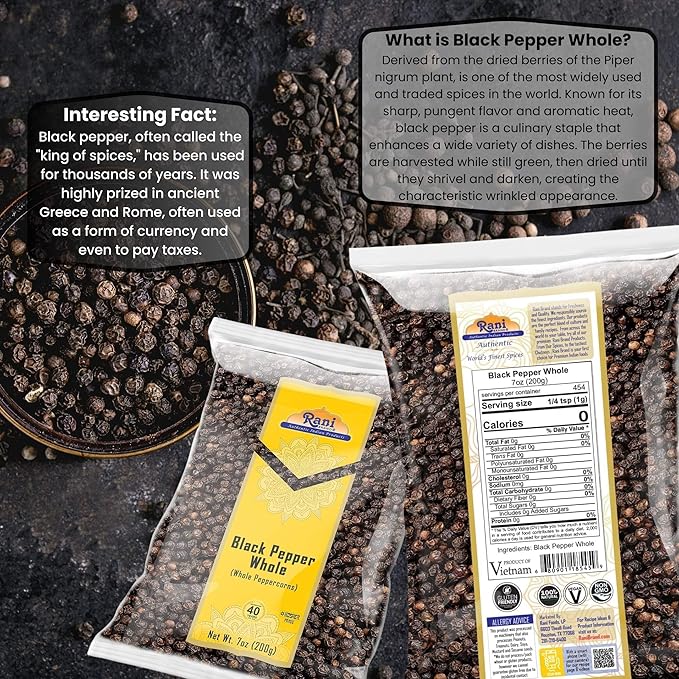 Rani Black Pepper Whole (Peppercorns), Premium MG-1 Grade 7oz (200g) ~ All Natural | Gluten Friendly | Non-GMO | Kosher | Product of Vietnam | Perfect size for Grinders!