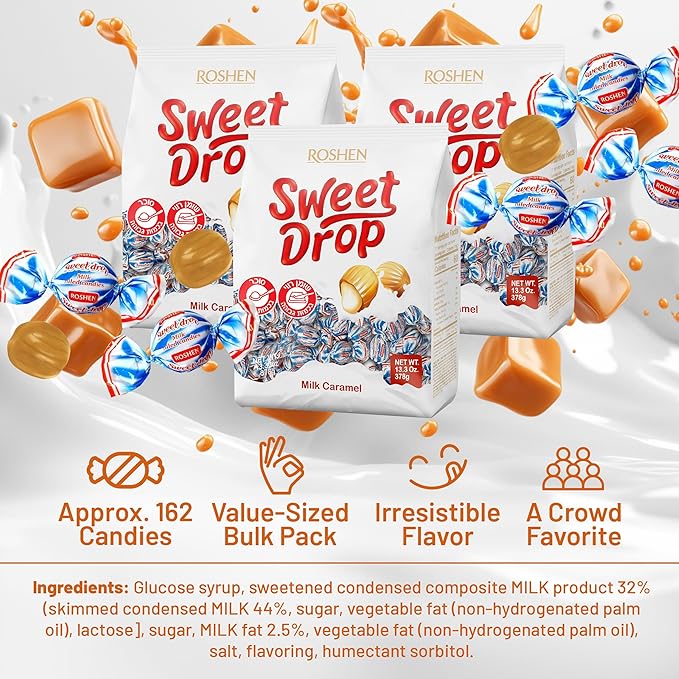 Roshen Caramel Candy Sweet Drop with Milky Filling, Delicious, Flavorful Sweets 378gr/13.33oz Pack of 3