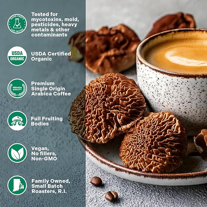 Organic Mushroom Decaffeinated Coffee Dark Roast, Swiss Water Water Process, Red Reishi & Chaga, Decaf for Calm and Relaxed Focus, Grade 1 Single Origin Peruvian 12oz - Ground (2 Pack)