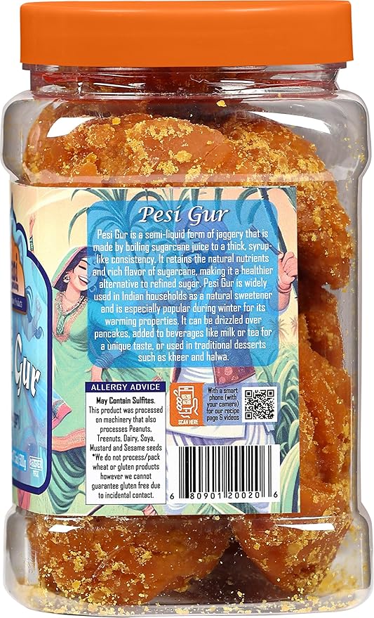 Rani Pesi Gur (Jaggery) Indian Unrefined Raw Cane Sugar 17.5oz (1.1lbs) 500g PET Jar ~ Gluten Friendly | Vegan | NON-GMO | Kosher | No Salt or fillers | Indian Product