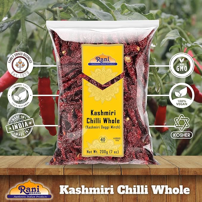 Rani Kashmiri Chilli Whole (Deggi Mirch, Low Heat) 7oz (200g) ~ Natural | Salt-Free | Vegan | No Colors | Gluten Friendly | NON-GMO | Kosher | Indian Origin