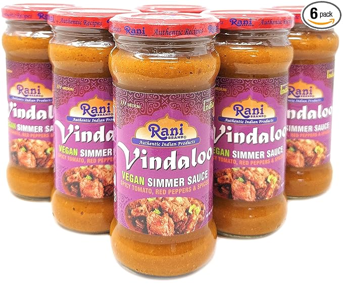 Rani Vindaloo Curry Vegan Simmer Sauce (Spicy Tomato, Red Peppers & Spices) 14oz (400g) Glass Jar, Pack of 5 +1 FREE ~ Easy to Use | Vegan | No Colors | NON-GMO | Gluten Free | Indian Origin