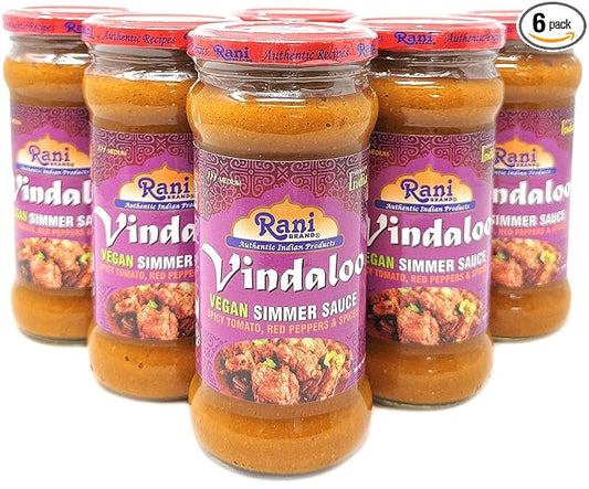 Rani Vindaloo Curry Vegan Simmer Sauce (Spicy Tomato, Red Peppers & Spices) 14oz (400g) Glass Jar, Pack of 5 +1 FREE ~ Easy to Use | Vegan | No Colors | NON-GMO | Gluten Free | Indian Origin