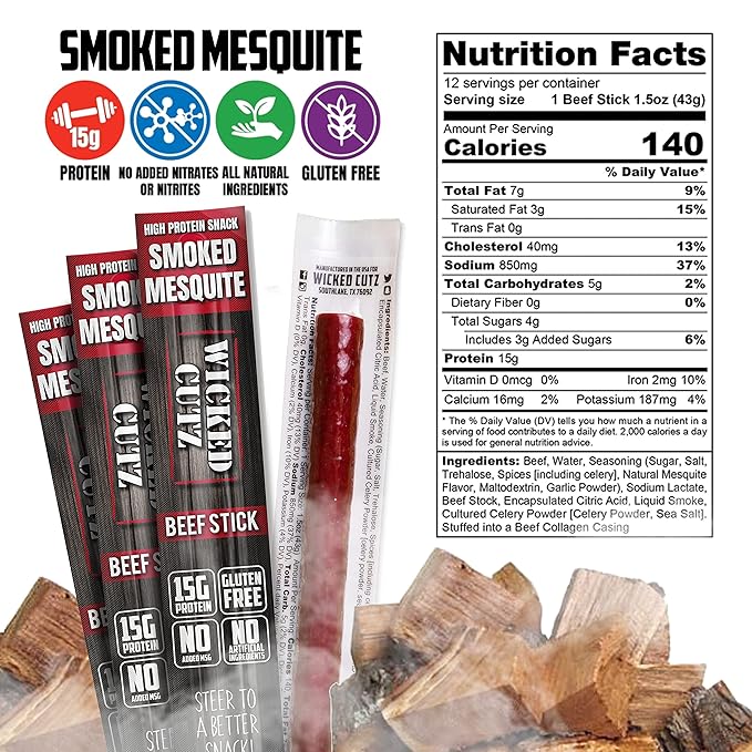 Wicked Cutz Smoked Mesquite Beef Sticks, 15g Protein Per Beef Stick, Tender & Juicy Extra Large Meat Stick, USA Made High Protein Meat Sticks, Carnivore Snacks (12 Pack)