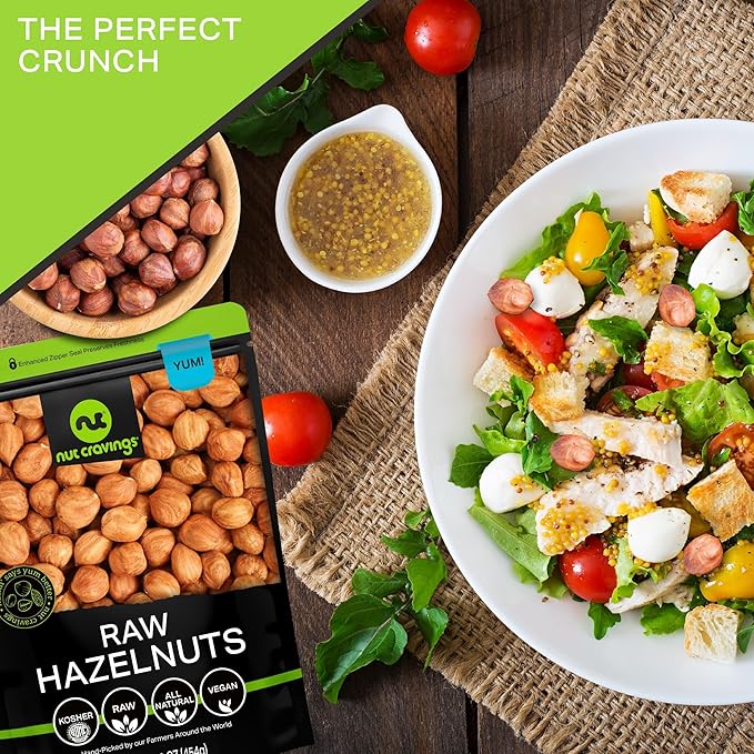 NUT CRAVINGS - Raw Hazelnuts Filberts with Skin - Unsalted, Shelled, (32oz - 2 LB) Bulk Nuts Packed Fresh in Resealable Bag - Kosher Healthy Snack, Food Assortments Ideal for Trail Mixed Nuts