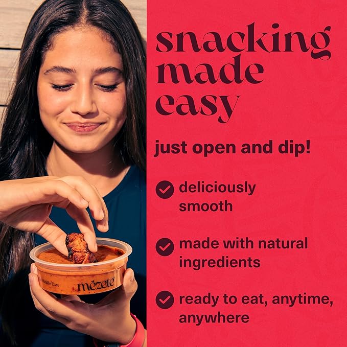 Mezete Shelf-Stable Dip & Spread | All-Natural Muhammara Snack Pack of 6 | Free from Preservatives | Roasted Red Peppers, Pomegranate Molasses & Spices | No Added Oil | 180g (Pack of 6)