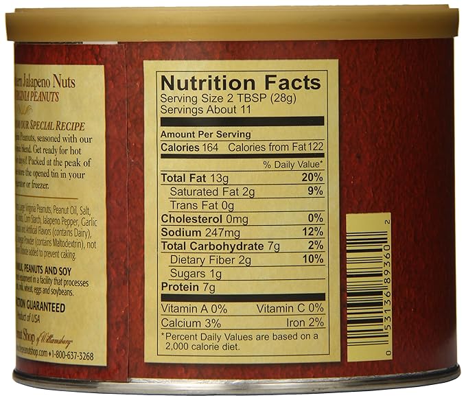 The Peanut Shop of Williamsburg Spicy Williamsburg Peanuts with Jalapeno, Onion, Garlic, Hot Nuts, Hand Cooked Virginia Peanuts, Gluten Free, Kosher - 10.5 Oz Tin