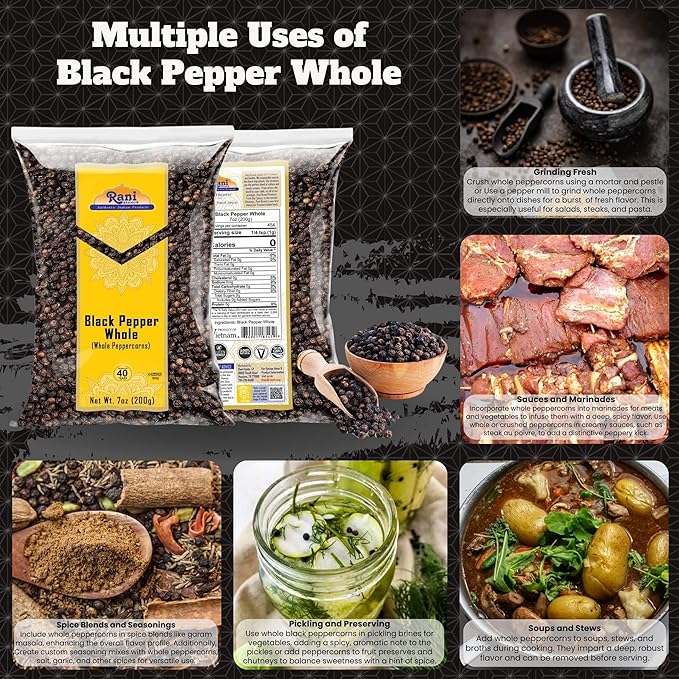 Rani Black Pepper Whole (Peppercorns), Premium MG-1 Grade 7oz (200g) ~ All Natural | Gluten Friendly | Non-GMO | Kosher | Product of Vietnam | Perfect size for Grinders!