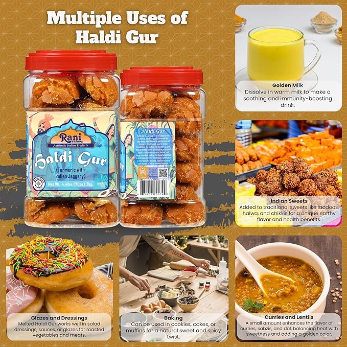 Rani Haldi Gur (Turmeric with Indian Jaggery) Indian Unrefined Raw Cane Sugar 70oz (4.4lbs) 2kg PET Jar ~ Gluten Friendly | Vegan | NON-GMO | Kosher | No Salt or fillers | Indian Product