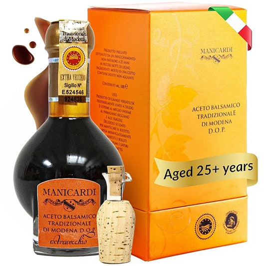 MANICARDI Extra Aged Balsamic Vinegar of Modena PDO - 25 Years - Perfect for Snacks, Pasta, Vegetables, Salad Dressings and Meat - Made in Italy - 3.38 Fl Oz (100 ml)