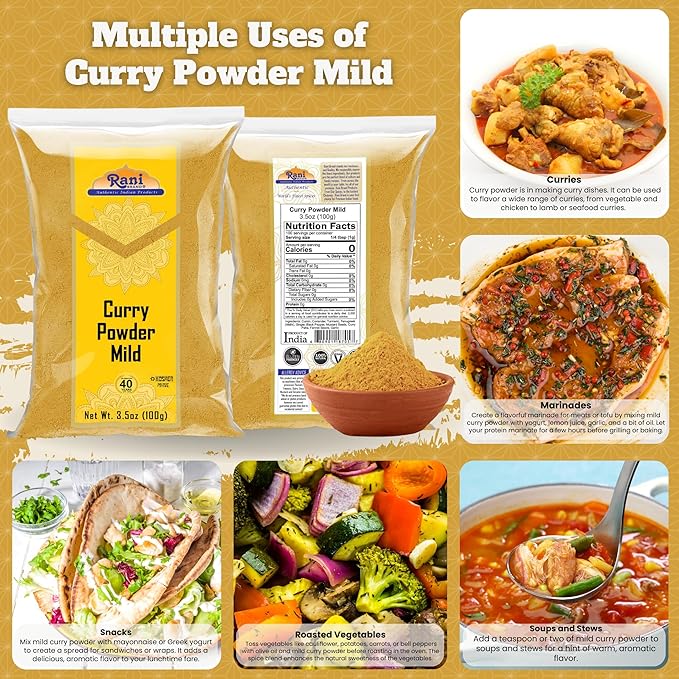 Rani Curry Powder Mild (10-Spice Authentic Indian Blend) 3.5oz (100g) ~ All Natural | Salt-Free | NO Chili or Peppers | Vegan | No Colors | Gluten Friendly | NON-GMO | Indian Origin