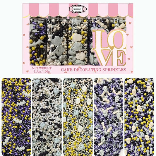Confect Sprinkles ??Edible Pearl Mix in White, Purple, Black & Ghastly Green with Ghost Party Shapes: Boo, Bats & Bones ??Halloween Sprinkles for Cupcakes, Cookies & Spooky Treats- 5 Oz