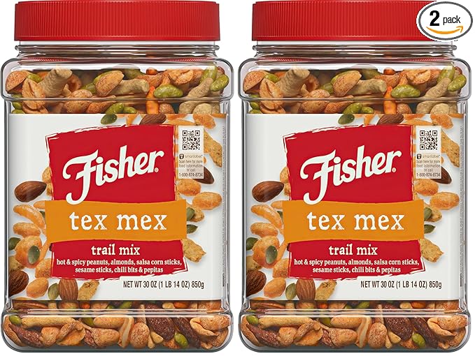 Fisher Snack Tex Mex Trail Mix, 30 Ounces, Hot and Spicy Peanuts, Almonds, Salsa Corn Sticks, Sesame Sticks, Chili Bits, Pepitas (Pack of 2)