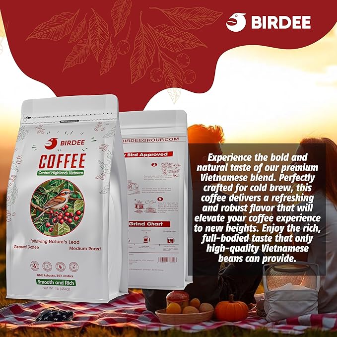 Birdee Vietnamese Coffee ??1 LB, Medium Roast Whole Bean, Arabica and Robusta, Hand-Picked, Resealable Bag, Smooth Flavor, Low Acid, High Caffeine, Single-Origin