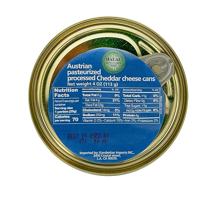 Happy Cow Halal Austrian Processed Cheese 4 OZ (113g) Easy Open Can, Rich Cheddar Flavor, Long Shelf Life, Perfect for Cooking, Snacking, Camping