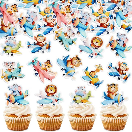 40Pcs Edible Airplane Cupcake Toppers Wafer Paper Animal Birthday Decorations Cupcake Toppers for Kids Boys Girls Cute Animal Theme Baby Shower Kids Boys Party Decorations