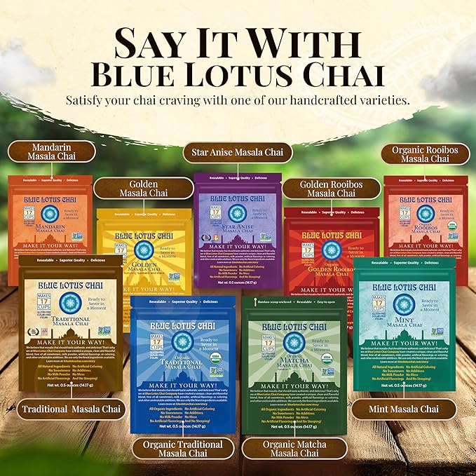 Blue Lotus Chai Tea - Fully Organic Traditional Masala Chai - Makes 17 Cups - 0.5 Ounce Masala Spiced Chai Powder with Organic Spices - Instant Indian Tea No Steeping - No Gluten