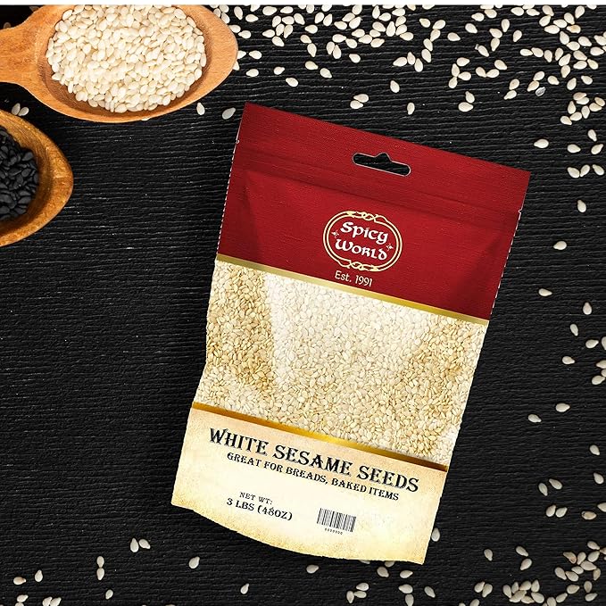 Spicy World White Sesame Seeds 3 LB Bag - Natural, Raw, Hulled, Non-GMO, Bulk Resealable Bag