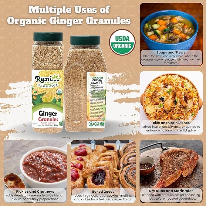 Rani Organic Granulated Ginger (Adarak Granules) 16oz (1lb) 454g PET Jar ~ All Natural | Gluten Friendly | Vegan | NON-GMO | Kosher | No Salt or fillers | Indian Origin | USDA Certified Organic