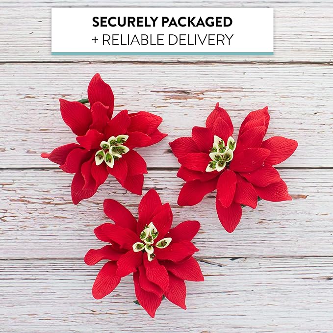 Global Sugar Art Poinsettia Sugar Cake Flowers, Fancy, Large Red, 3 Count by Chef Alan Tetreault. Perfect for Christmas Cake Decorations, Yule Logs, Gingerbread Houses, and more.