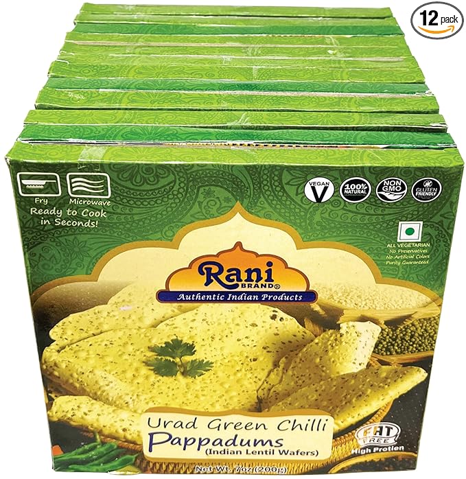 Rani Pappadums (Indian Lentil Wafer Snack) Green Chilli Papad 7oz (200g) Approximately 15pc, 7 inches, Pack of 12 ~ All Natural | Gluten Friendly | NON-GMO | Vegan | Indian Origin