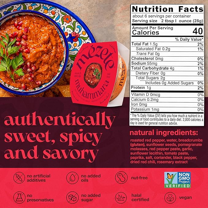Mezete Shelf-Stable Dip & Spread | All-Natural Muhammara Snack Pack of 6 | Free from Preservatives | Roasted Red Peppers, Pomegranate Molasses & Spices | No Added Oil | 180g (Pack of 6)