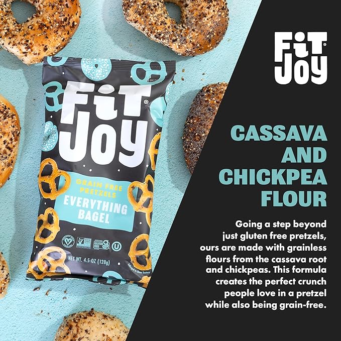 FitJoy Everything Bagel Pretzels (Pack of 6, 4.5 Oz), Dairy, Nut & Gluten Free Snacks, Grain Free Cassava Root & Chickpea Flour Vegan Pretzel Twists, Classic Snack Pretzels for Moms, Children & More