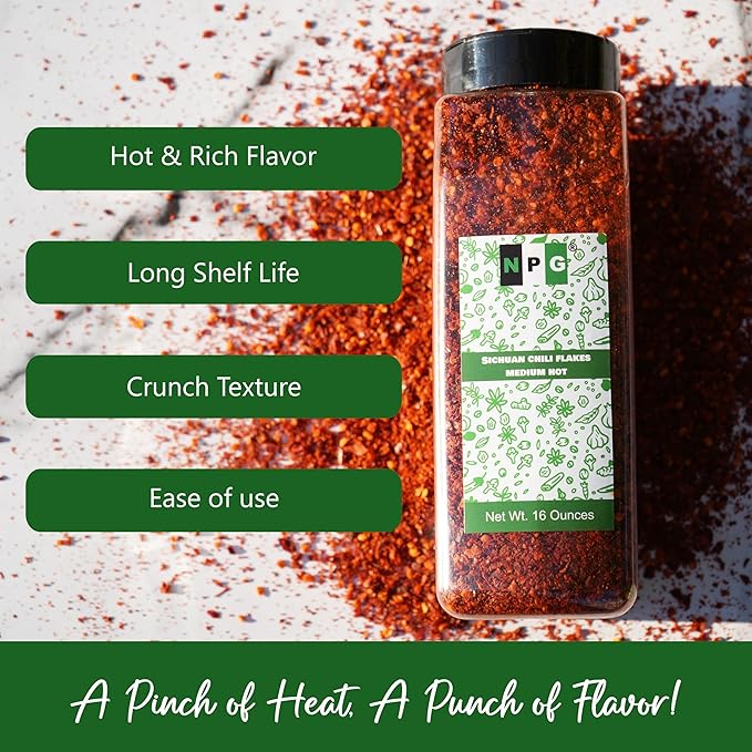 NPG Authentic Sichuan Chili Flakes 1LB 16 Ounces, Medium Hot, Szechuan Crushed Red Pepper Flakes