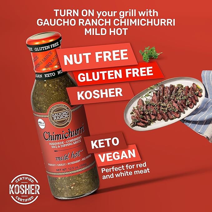 Gaucho Ranch Gourmet Chimichurri Steak Sauce Mild Hot | Authentic Argentinian Marinade & Meat Sauce for Beef, Chicken, Pork & Veggies | All Natural, Vegan, Gluten-Free, Keto, No Preservatives | 12.5oz