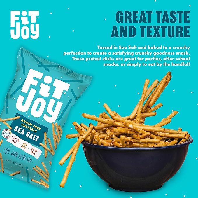 FitJoy Sea Salt Pretzels (Pack of 6, 5 Oz) - Dairy, Nut & Gluten Free Snacks - Grain Free Cassava Root & Chickpea Flour Vegan Pretzel Sticks - Classic Snack Pretzels for Moms, Children and More